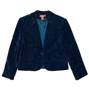Bandolino Teal Velvet Baroque Artsy Floral Embossed Blazer Jacket Size 16